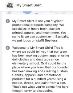 My Smart Shirt의 Facebook 정보 섹션 스크린샷.