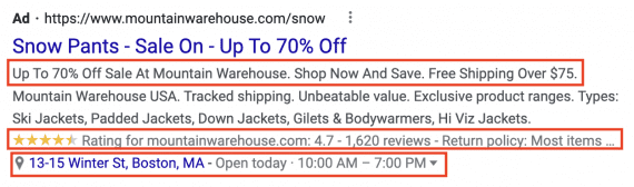 Ví dụ về nội dung Google Ads cho quần tuyết từ Mountain Warehouse