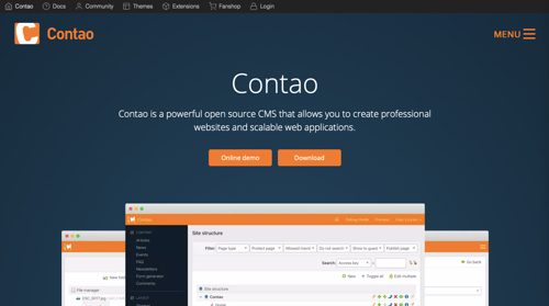 Screenshot of Contao home page.
