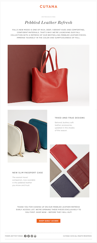 HTML-E-Mail-Inspiration; Cuyana Pebbled Leather Refresh-Taschen und E-Mail-Geldbörsen