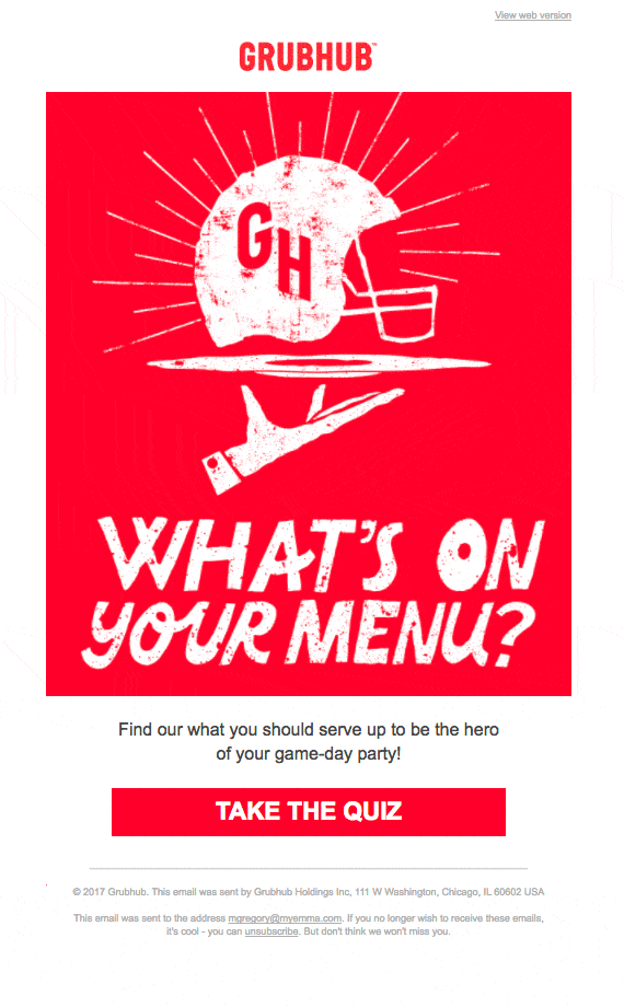 HTML-E-Mail-Inspiration; GrubHub Was steht auf deiner Speisekarte? Anzeige