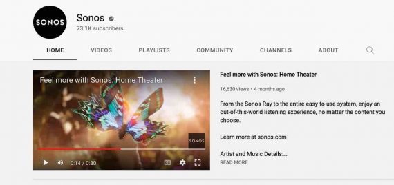 Sonos의 YouTube 페이지 스크린샷