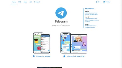 Screenshot van de startpagina van Telegram.