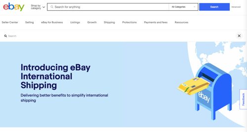 Screenshot from the eBay website announcing International Shipping.