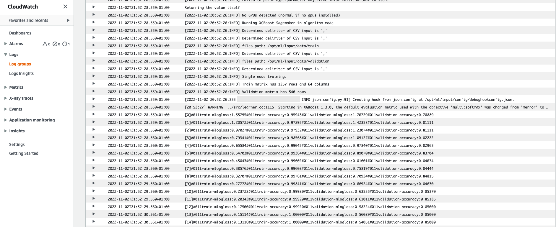 Console view of training instance logs in CloudWatch
