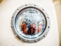 Photograph of technicians and engineers testing spacesuits in a vacuum chamber