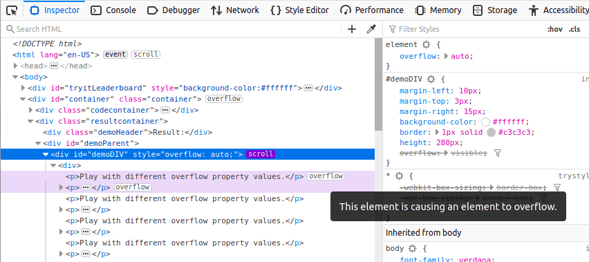 Prelivna značka v Firefox DevTools, ki se nahaja na plošči HTML