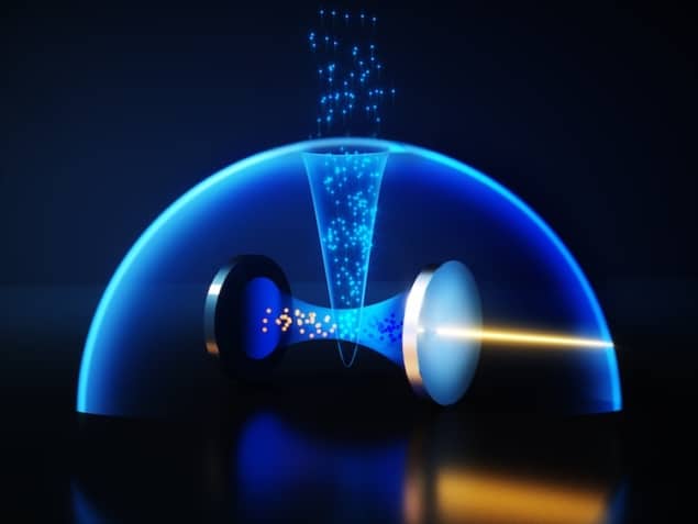 a laser striking atoms in an optical cavity.