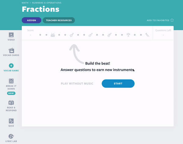 Fractions math lesson Vocab Game activity