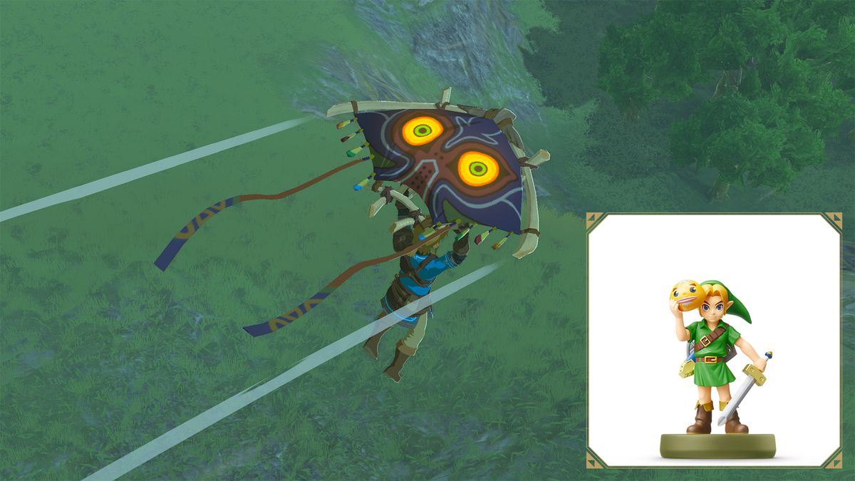 Link glides in Tears of the Kingdom using a Majora’s Mask-inspired glider. The amiibo of the young Link from Majora’s Mask is in the bottom corner