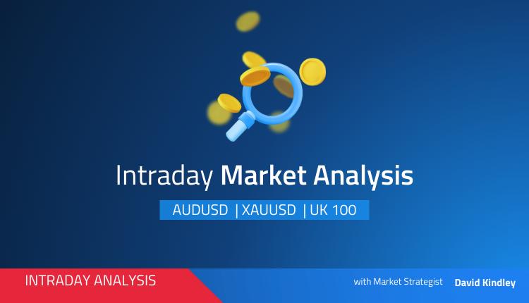 Intraday analysis for AUDUSD, XAU prices, and UK 100 showcasing recent market trends, support/resistance levels, and volatility.
