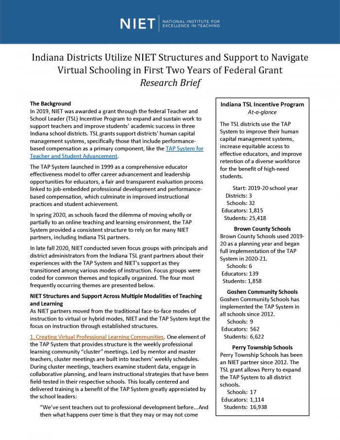 Les districts de l'Indiana utilisent les structures et le soutien du NIET pour naviguer dans l'enseignement virtuel au cours des deux premières années de subvention fédérale