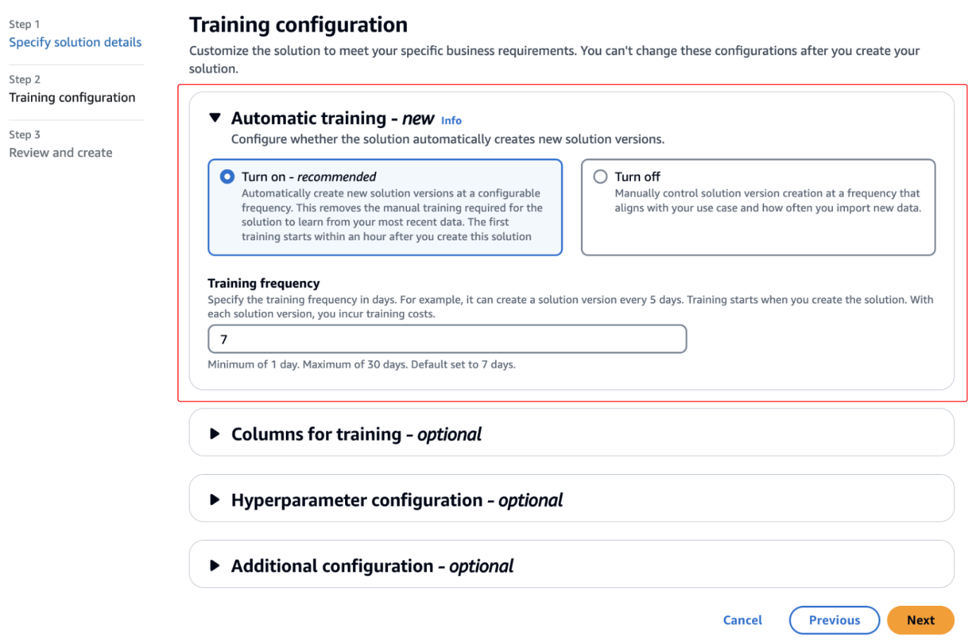 Apresentando treinamento automático para soluções no Amazon Personalize | Amazon Web Services