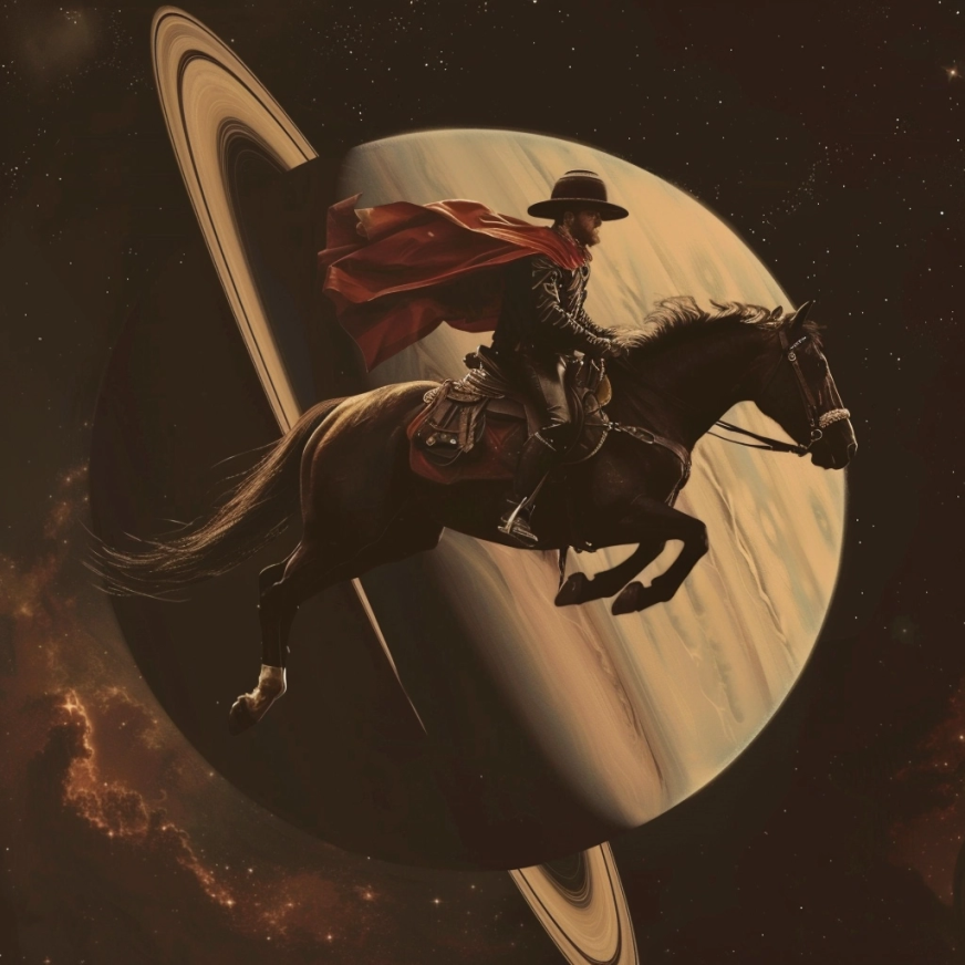 Une image de style Pixer d’un homme montant un cheval sur Saturne.